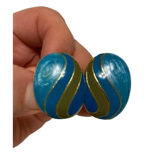 Vintage turquoise & gold enamel striped clip on earrings - 80s enamel clips‎ - Picture 5 of 8